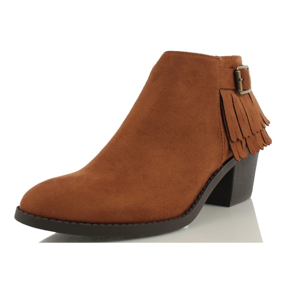 Cognac Faux Suede Back Fringe Ankle Bootie - Picture 2 of 5
